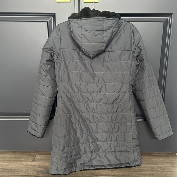 North Face Reversible Puffer/Fluffy Black and Gray Long Coat - Picture 3 of 7